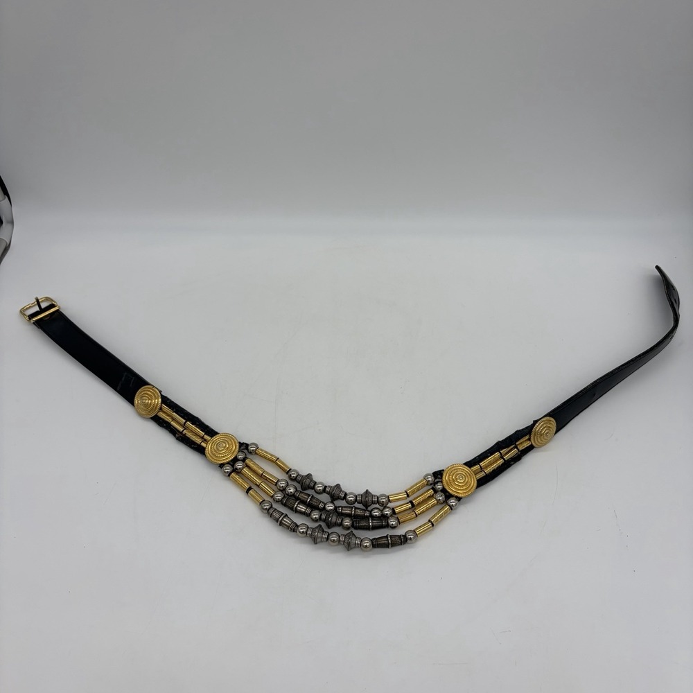 Vintage Avignon Womens M Belt Black Leather Silver & Gold Beading Boho Western - Picture 15 of 16